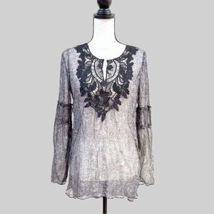 Elie Tahari Bergdorf Silk Sheer Embroidered Blouse Top Women’s Small Boho Chic